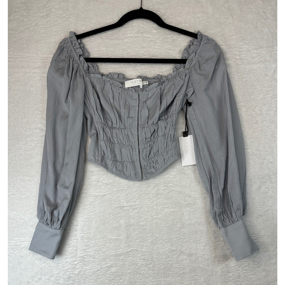 ASTR The Label Top Women XS Blue Ruffle Smocked Long Sleeve Hook Front NWT